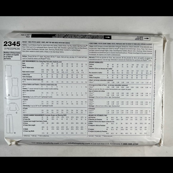 Simplicity 2345 UNCUT Misses Miss Petite Pants Top Dress Sewing Pattern - Picture 2 of 5